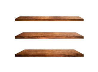Collection of  wooden shelves isolated on white background with clipping path for design and work