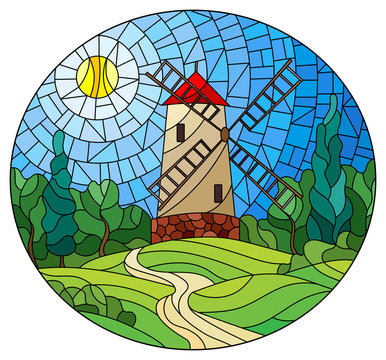 The image in the stained glass style landscape with a  windmill on a background of sky and sun, oval image