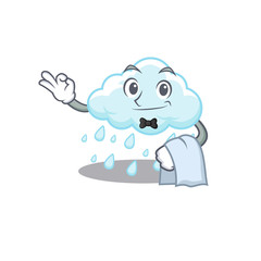 A cartoon character of cloudy rainy waiter working in the restaurant