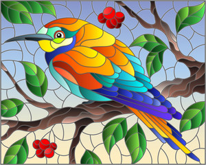 Illustration in the style of stained glass with a beautiful bright bird  on a  background of branch of tree with berryes  and sky