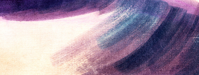 Abstract watercolor background on textured paper. Delicate pink backdrop with rich dark stain in upper-left corner and sweeping brush strokes of violet paint on right side. Hand drawn illustration