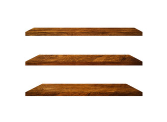 Three wooden shelves isolated on white background with clipping path for your product or design