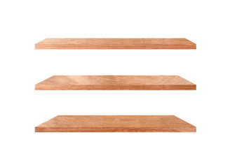 Three wooden shelves isolated on white background with clipping path for your product or design