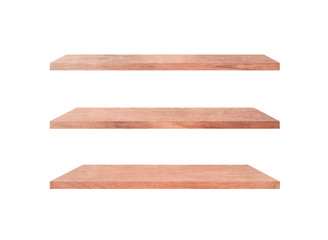 Three wooden shelves isolated on white background with clipping path for your product or design