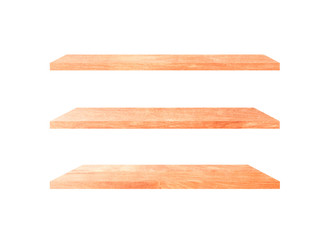 Three wooden shelves isolated on white background with clipping path for your product or design