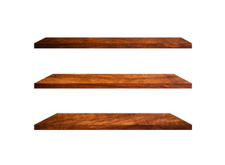 Three wooden shelves isolated on white background with clipping path for your product or design