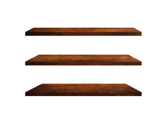 Three wooden shelves isolated on white background with clipping path for your product or design
