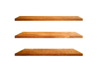 Three wooden shelves isolated on white background with clipping path for your product or design