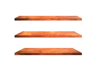 Three wooden shelves isolated on white background with clipping path for your product or design