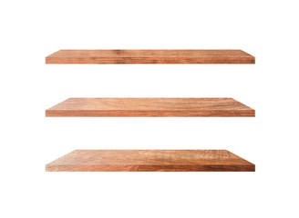 Three wooden shelves isolated on white background with clipping path for your product or design