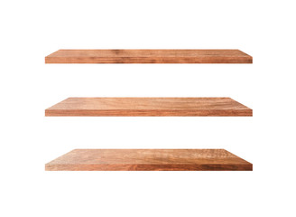 Three wooden shelves isolated on white background with clipping path for your product or design