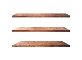 Three wooden shelves isolated on white background with clipping path for your product or design