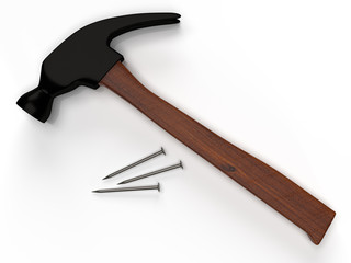 Hammer and nails on white surface. 3D rendering..