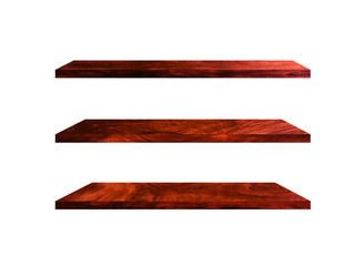 Three wooden shelves isolated on white background with clipping path for your product or design