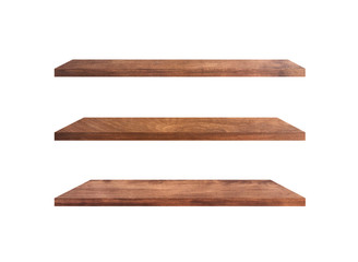 Beautiful brown wood shelves isolated on white background with copy space and clipping path for your product or design