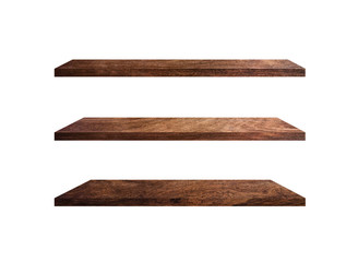 Beautiful brown wood shelves isolated on white background with copy space and clipping path for your product or design
