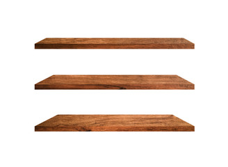 Beautiful brown wood shelves isolated on white background with copy space and clipping path for your product or design