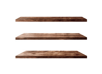 Beautiful brown wood shelves isolated on white background with copy space and clipping path for your product or design