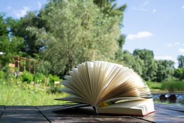 Open book with wildflower among pages outdoors in the open air near the river on the background of the leafy green trees on a wooden table.