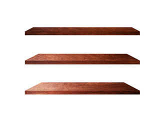 Beautiful brown wood shelves isolated on white background with copy space and clipping path for your product or design