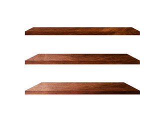 Beautiful brown wood shelves isolated on white background with copy space and clipping path for your product or design