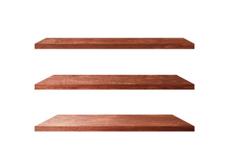 3 Retro wood shelves isolated on white background with copy space and clipping path for work