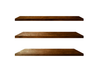 3 Retro wood shelves isolated on white background with copy space and clipping path for work