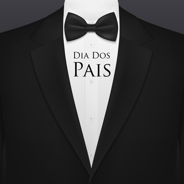 Dia Dos Pais Fathers day holiday vector greeting with bow tie, celebration of daddy honoring. Black bowtie, tuxedo and white shirt with laydown collar and Dia Dos Pais greetings