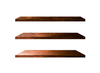 3 Retro wood shelves isolated on white background with copy space and clipping path for work