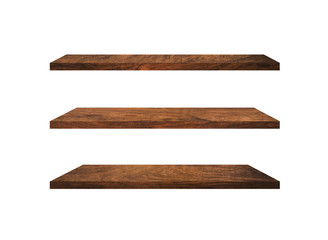 3 Retro wood shelves isolated on white background with copy space and clipping path for work