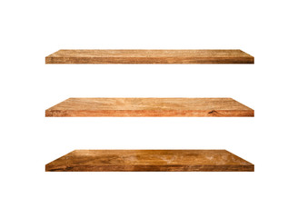 3 Retro wood shelves isolated on white background with copy space and clipping path for work
