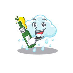 Mascot character design of cloudy rainy say cheers with bottle of beer