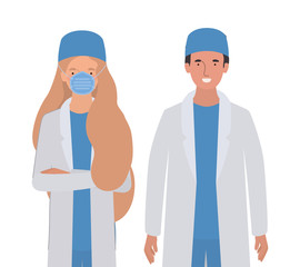 Man and woman doctor with uniforms and mask vector design