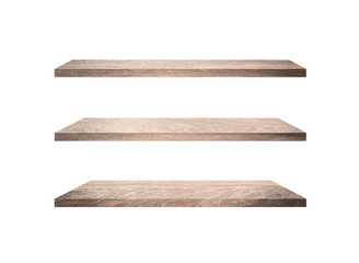 Group of old wood shelves isolated on white background with copy space and clipping path for work. Used for display or montage your products, top view