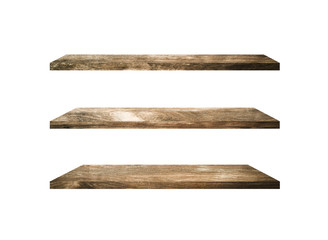 Group of old wood shelves isolated on white background with copy space and clipping path for work. Used for display or montage your products, top view