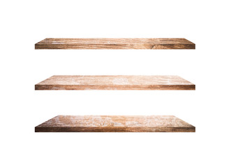 Group of old wood shelves isolated on white background with copy space and clipping path for work. Used for display or montage your products, top view