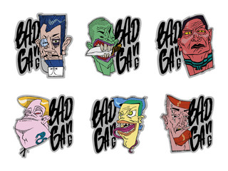 Six portraits of bandits in the form of stickers with the inscription bad gang. Calligraphy. Color vector illustration. Can be used in social networks, for articles, publications, cards, print, poster
