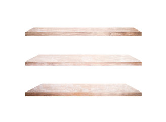 Group of old wood shelves isolated on white background with copy space and clipping path for work. Used for display or montage your products, top view