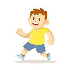 Smiling boy walking or running, cartoon character design. Colorful flat vector illustration, isolated on white background.