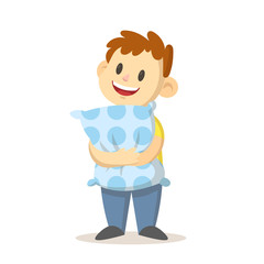 Smiling boy standing with pillow pressed to his belly, cartoon character design. Colorful flat vector illustration, isolated on white background.