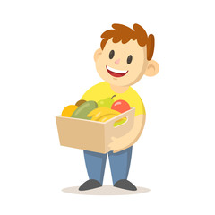 Smiling boy holding a box full of fruits and veggies, cartoon character design. Colorful flat vector illustration, isolated on white background.