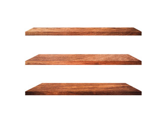 Group of old wood shelves isolated on white background with copy space and clipping path for work. Used for display or montage your products, top view