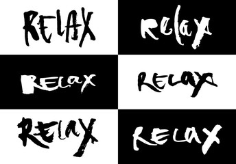 Obraz na płótnie Canvas Six options for the inscription relax. Black and white vector illustration. Can be used in social networks, for articles, publications, postcards, print, poster, sticker, on a T-shirt.