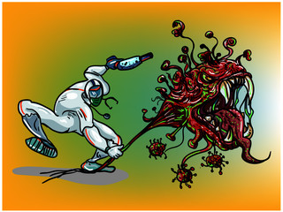 Covid-19 doctor superheroes are fighting corona virus pandemic monster to protect a patient.Doctor in PPE suit fighting with COVID monster.