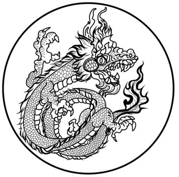 Red dragon in circle tattoo.infinity chinese dragon.Traditional Japanese dragon isolate on white background.