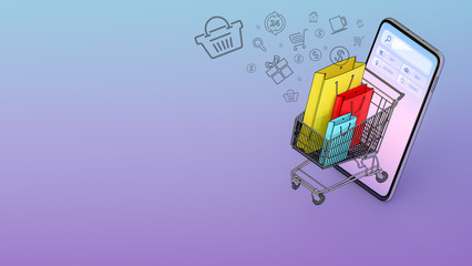 Many Shopping bag in a shopping cart appeared from smartphones screen., shopping online or shopaholic concept, 3D rendering.