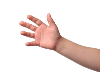 Child hand show five. Isolated obgect on white