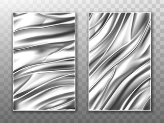 Silver foil crumpled metal texture background, aluminum or steel folded curtain, wrapping paper sheets, wrinkled fabric or plastic shiny material or silk cloth, Realistic 3d vector tinfoil mockup