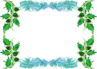 Ornament in a rectangle, Petrikov painting. Flowers of Ukrainian tradition. Design. Frame