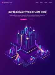Remote work isometric landing page. Global outsourcing in smart city with people using gadgets and distant technologies for life and business. Futuristic neon smartcity buildings, 3d vector web banner